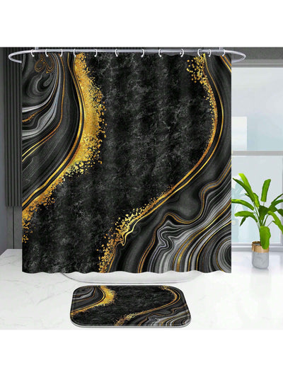 Black Marble Bathroom Bliss: 4-Piece Shower Curtain Set with Rugs, Bath Mat, U-Shape, Toilet Lid Cover, and Hooks