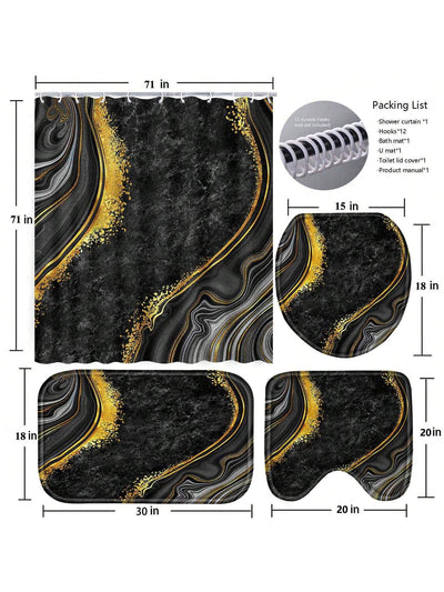 Black Marble Bathroom Bliss: 4-Piece Shower Curtain Set with Rugs, Bath Mat, U-Shape, Toilet Lid Cover, and Hooks