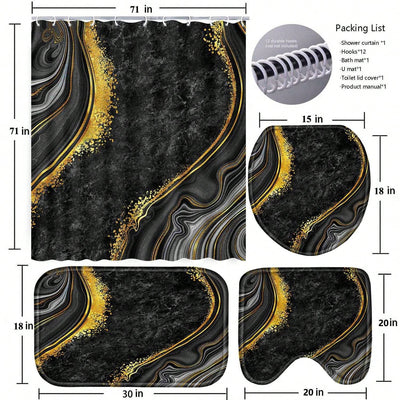 Black Marble Bathroom Bliss: 4-Piece Shower Curtain Set with Rugs, Bath Mat, U-Shape, Toilet Lid Cover, and Hooks