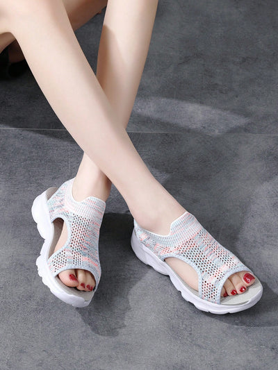 Summer Chic: Women's Flat Heel Peep Toe Sport Sandals with Mesh Upper - Plus Size