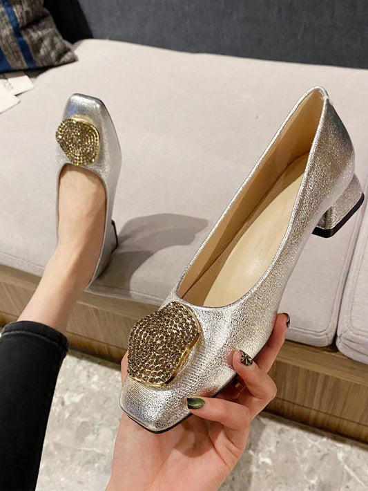 Golden Velvet Glam: Rhinestone Buckle Square Toe Chunky Heel Flats