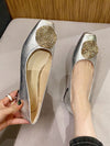 Golden Velvet Glam: Rhinestone Buckle Square Toe Chunky Heel Flats