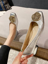 Golden Velvet Glam: Rhinestone Buckle Square Toe Chunky Heel Flats