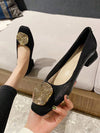 Golden Velvet Glam: Rhinestone Buckle Square Toe Chunky Heel Flats