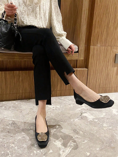 Golden Velvet Glam: Rhinestone Buckle Square Toe Chunky Heel Flats