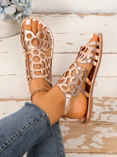 Golden Butterfly Hollow-Out Flat Sandals: Stylish and Anti-Slip Summer Shoes for Beach and Casual Wear