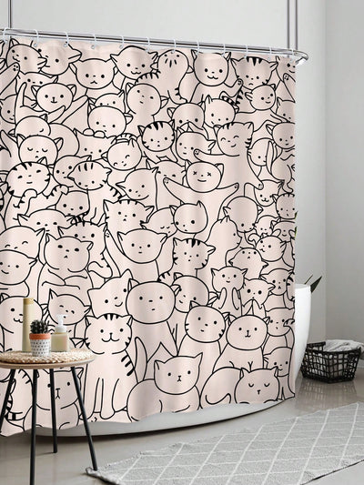 Charming Cat Shower Curtain Set: Featuring Adorable Black and Pink Cats - Waterproof with 12 Plastic Hooks - Ideal for Home Bathroom Decor - Available in 60inch x 72inch