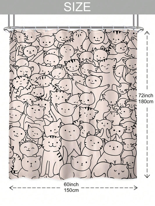 Charming Cat Shower Curtain Set: Featuring Adorable Black and Pink Cats - Waterproof with 12 Plastic Hooks - Ideal for Home Bathroom Decor - Available in 60inch x 72inch