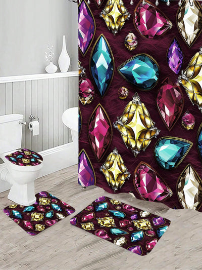 Vibrant Triangle Pattern Shower Curtain and Floor Mat Set