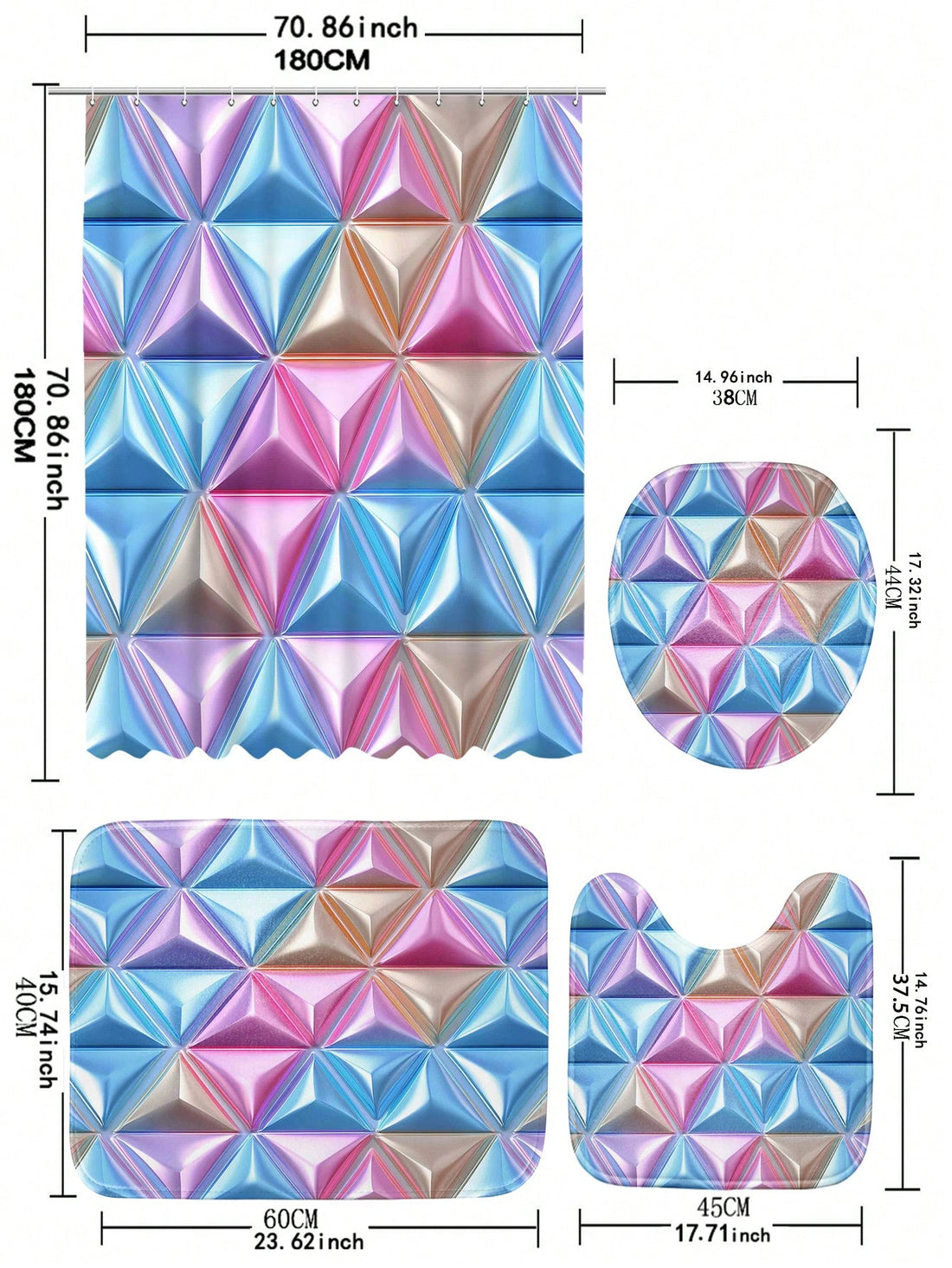 Enhance your bathroom décor with our Vibrant Triangle Pattern <a href="https://canaryhouze.com/collections/shower-curtain" target="_blank" rel="noopener">Shower Curtain</a> and Floor Mat Set. Made with a unique triangle pattern, this set adds a modern touch to any bathroom. The shower curtain keeps water off your bathroom floor, while the floor mat provides a comfortable and slip-resistant surface.