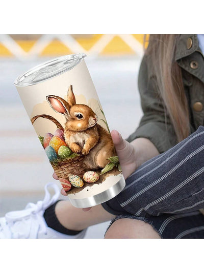 Easter Themed Stainless Steel Insulated Tumbler - Rabbit & Flower Watercolor Illustration - Perfect Easter Gift for Friends