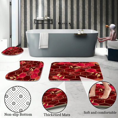 Red Honeycomb Marble Bathroom Set: Shower Curtain, Rugs, Bath Mat, Toilet Lid Cover