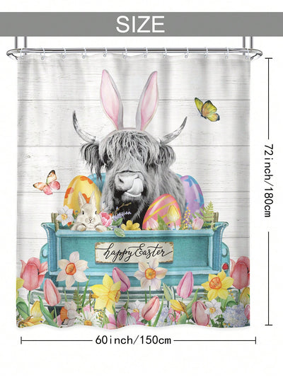 Farmhouse Easter Decor Shower Curtain Set with Highland Cow and Trees Design - Waterproof Home Bathroom Decoration with Plastic Hooks - Size 60x72in