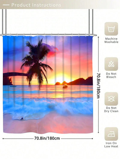 Sunset Beach Bathroom Set: Shower Curtain, Toilet Mat, Bath Mats, Hooks