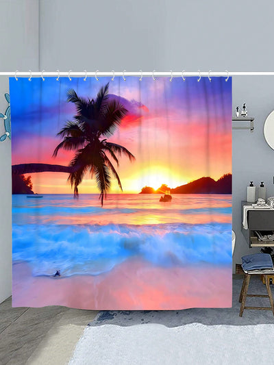 Sunset Beach Bathroom Set: Shower Curtain, Toilet Mat, Bath Mats, Hooks