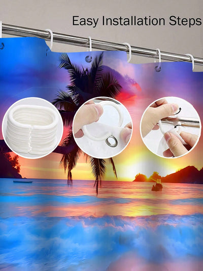 Sunset Beach Bathroom Set: Shower Curtain, Toilet Mat, Bath Mats, Hooks