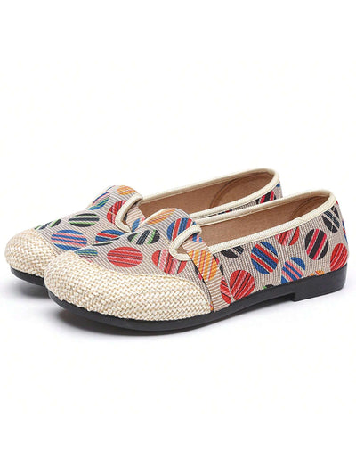 Boho Chic: Women's Retro Linen Slip-On Flats with Dots Print for Summer