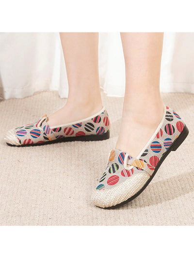 Boho Chic: Women's Retro Linen Slip-On Flats with Dots Print for Summer