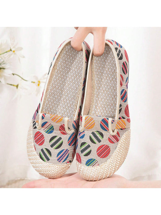 Boho Chic: Women's Retro Linen Slip-On Flats with Dots Print for Summer