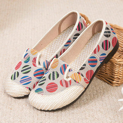 Boho Chic: Women's Retro Linen Slip-On Flats with Dots Print for Summer