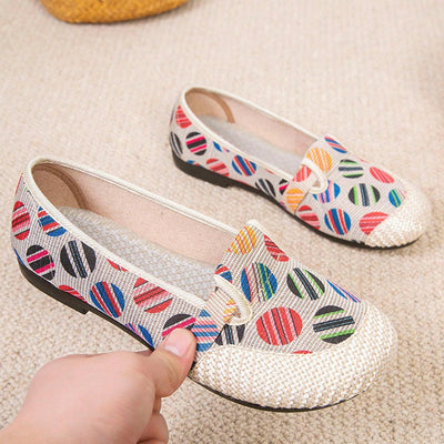 Boho Chic: Women's Retro Linen Slip-On Flats with Dots Print for Summer