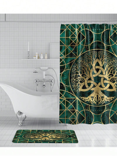 Vintage Pattern Printed Bathroom Set: Shower Curtain, Bathroom Mat, Hooks, Anti-Slip Floor Mat, and Waterproof Window Curtain