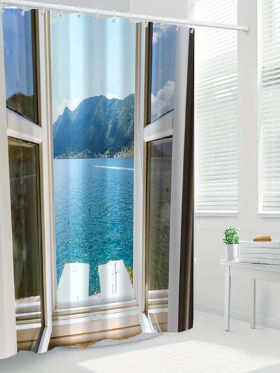 Summer Serenity: Mountain Ocean View Shower Curtain for Bathroom