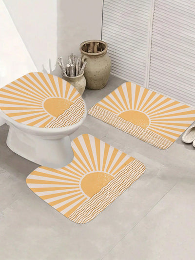 Sunshine Pattern Printed Shower Curtain and Bathroom Mat Set: Brighten Your Bathroom with Style and Functionality