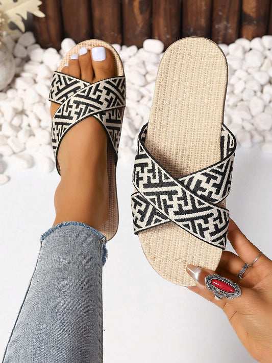 Summer Ready: Open Toe Linen Slippers with Letter Crossing Straps