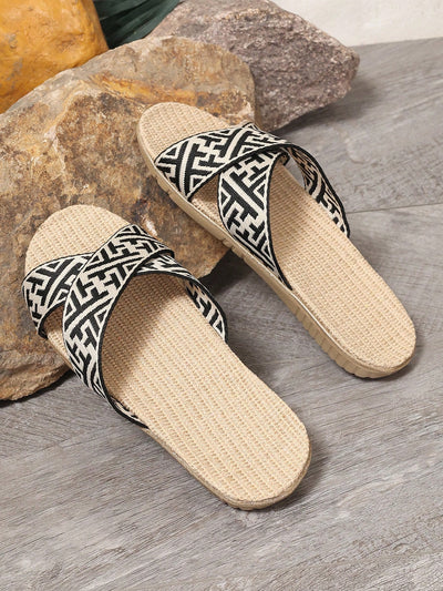 Summer Ready: Open Toe Linen Slippers with Letter Crossing Straps