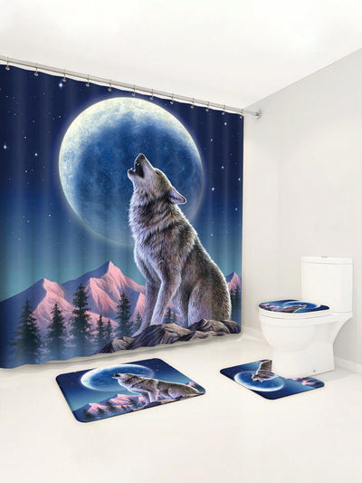 Waterproof Wolf Howling Shower Curtain Set: Decorative Bathroom Essentials with Anti-Slip Mat and Toilet Seat Cover