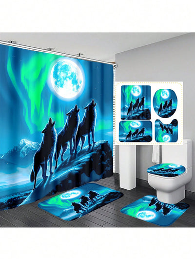 Waterproof Wolf Howling Shower Curtain Set: Decorative Bathroom Essentials with Anti-Slip Mat and Toilet Seat Cover