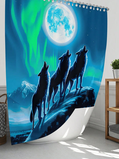 Waterproof Wolf Howling Shower Curtain Set: Decorative Bathroom Essentials with Anti-Slip Mat and Toilet Seat Cover