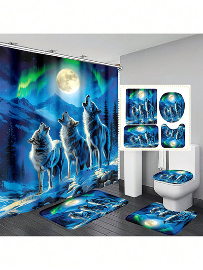 Waterproof Wolf Howling Shower Curtain Set: Decorative Bathroom Essentials with Anti-Slip Mat and Toilet Seat Cover