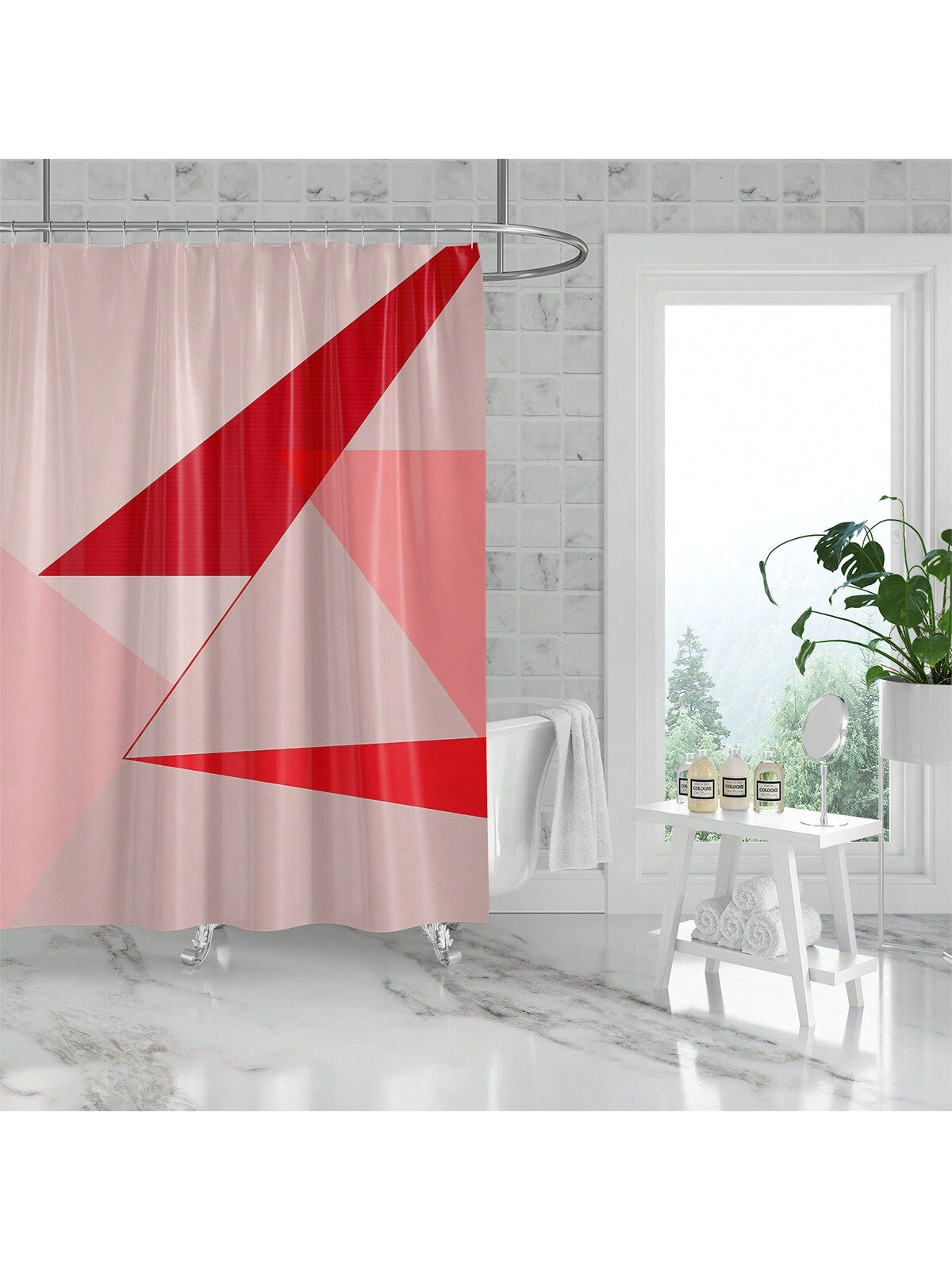 Upgrade your bathroom with our Fresh Pink Red Triangular Geometric <a href="https://canaryhouze.com/collections/shower-curtain" target="_blank" rel="noopener">Shower Curtain</a>. Made with waterproof and anti-mold materials, this stylish design will keep your space clean and dry. Easy to install with included hooks. Elevate your shower experience with confidence and style.
