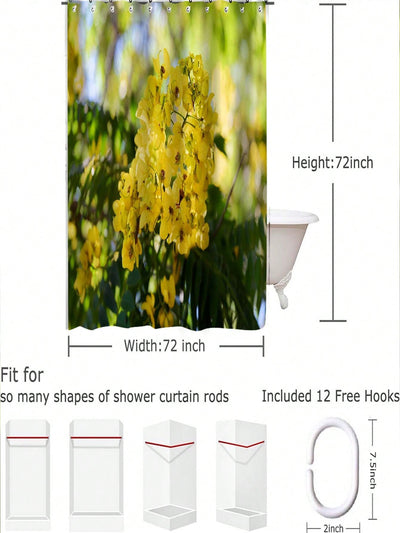 Blooming Beauty: Floral Scenery Printed Shower Curtain and Hook Set