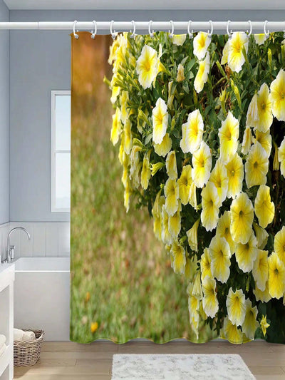 Blooming Beauty: Floral Scenery Printed Shower Curtain and Hook Set