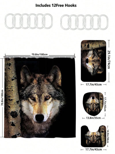 Wolf Design Bathroom Set: Waterproof Shower Curtain, Toilet Cover, and Bathroom Mat - Complete with 12 Shower Curtain Hooks