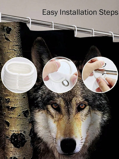 Wolf Design Bathroom Set: Waterproof Shower Curtain, Toilet Cover, and Bathroom Mat - Complete with 12 Shower Curtain Hooks