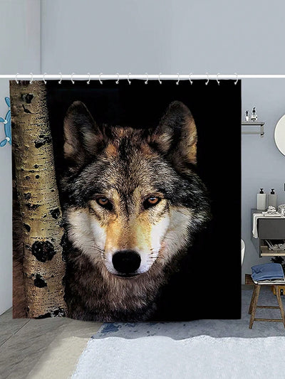 Wolf Design Bathroom Set: Waterproof Shower Curtain, Toilet Cover, and Bathroom Mat - Complete with 12 Shower Curtain Hooks