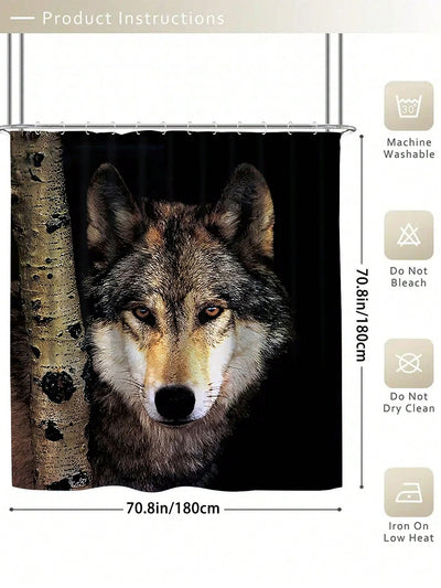 Wolf Design Bathroom Set: Waterproof Shower Curtain, Toilet Cover, and Bathroom Mat - Complete with 12 Shower Curtain Hooks