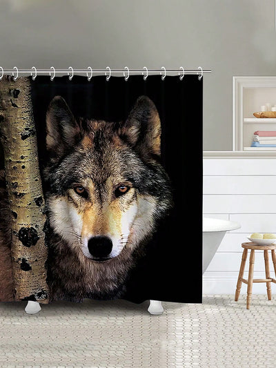 Wolf Design Bathroom Set: Waterproof Shower Curtain, Toilet Cover, and Bathroom Mat - Complete with 12 Shower Curtain Hooks