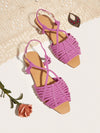 Boho Chic Faux Suede Braided Strap Flat Sandals with Flower Detail