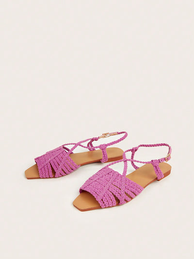 Boho Chic Faux Suede Braided Strap Flat Sandals with Flower Detail