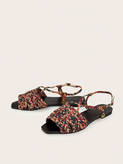 Boho Chic Faux Suede Braided Strap Flat Sandals with Flower Detail