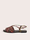 Boho Chic Faux Suede Braided Strap Flat Sandals with Flower Detail