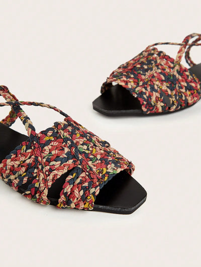 Boho Chic Faux Suede Braided Strap Flat Sandals with Flower Detail