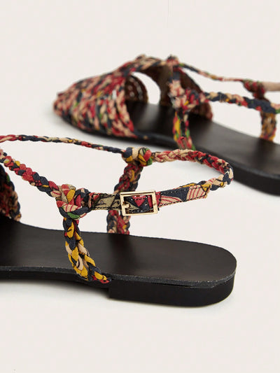 Boho Chic Faux Suede Braided Strap Flat Sandals with Flower Detail