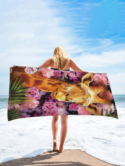Safari Chic: Giraffe Flower Patterned Beach Towel - Extra Large Microfiber Beach Blanket for Summer Adventures