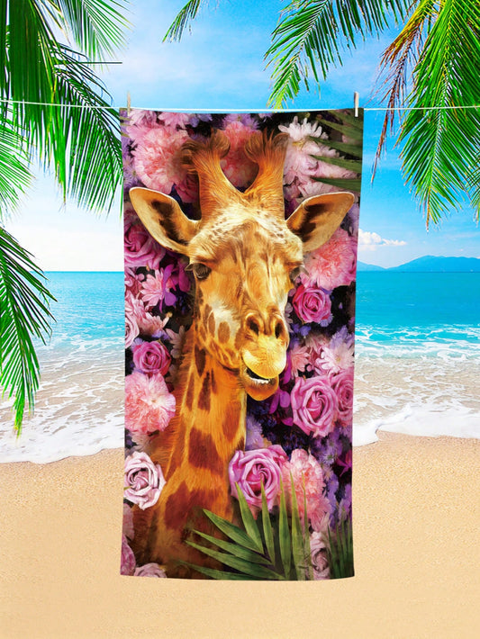Safari Chic: Giraffe Flower Patterned Beach Towel - Extra Large Microfiber Beach Blanket for Summer Adventures